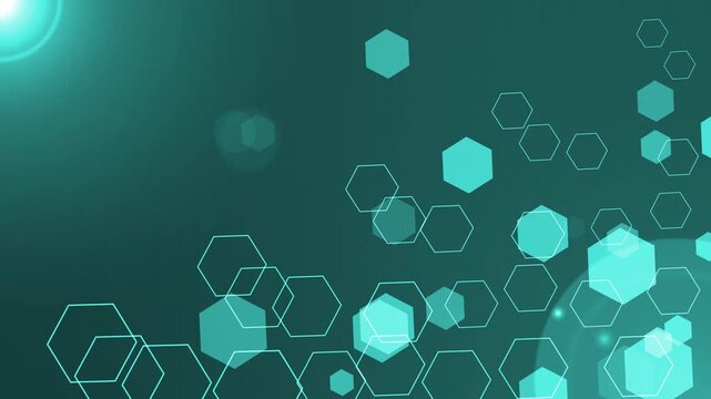 Abstract background glowing hexagons lens flare animation, bokeh effect modern geometric tech pattern
