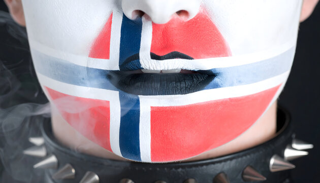 Mouth exhaling vapor in cold air with corpsepaint and leather collar forming a faint norwegian flag in a dark winter generative AI