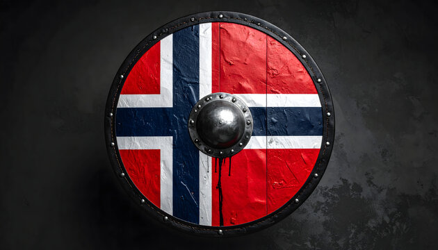 Viking shield covered in black leather with silver rivets and a minimalist norwegian flag featuring a vertical corpsepaint streak generative AI