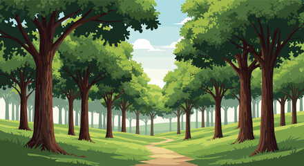 Fototapeta premium Peaceful path winding through a dense green forest with tall trees and soft sunlight filtering through the canopy.