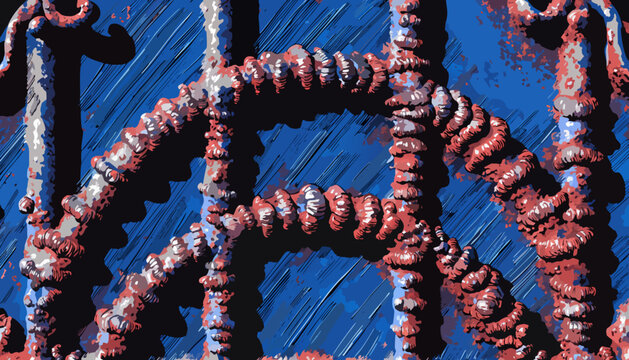 A close-up view of rusty gears and chains on a blue metallic background