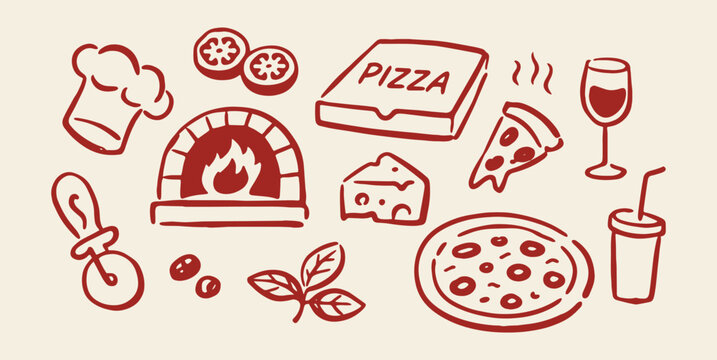 Pizza restaurant doodle icon set hand drawn vector illustration