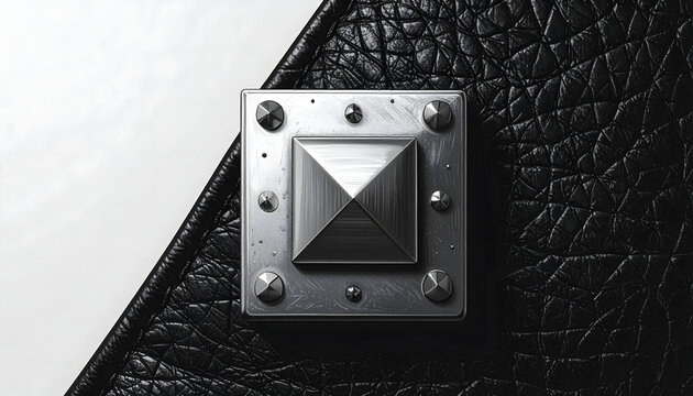 Silver stud on a black leather square as a macro minimalist illustration representing the diy battle vest fashion of metal generative AI
