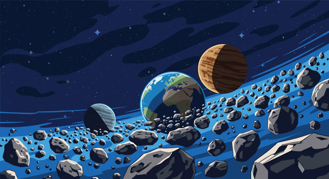 Stunning view of the solar system with Earth, planets, and an asteroid belt in the deep dark space of the universe.