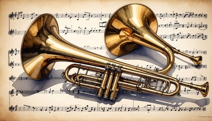 Naklejka premium Two Golden Trumpets Resting on Musical Sheet Paper.