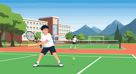 Fototapeta premium Young students playing tennis on school courts with a large academic building and beautiful mountain scenery in the background.