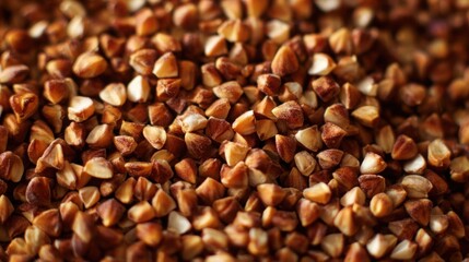 Fototapeta premium Close up texture of buckwheat grains, warm brown tones, natural uneven pattern, high detail, realistic lighting, organic food background