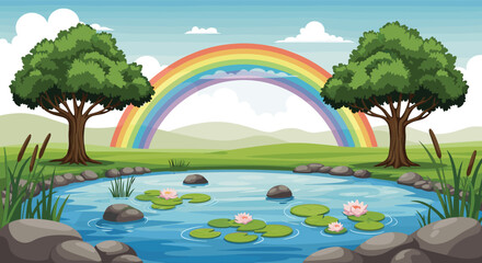 Fototapeta premium Serene landscape featuring a peaceful pond with pink water lilies, smooth rocks, and a vibrant colorful rainbow in the sky.