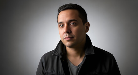 Obraz premium A close up portrait of a young man with dark hair looking at the camera against a grey background isolated on white background