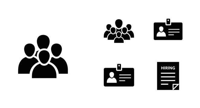 Collection of diverse business icons: people group, team, user, ID card, employee badge, and hiring document for HR recruitment.