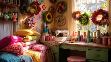 Fototapeta premium Cozy Sewing Room with Colorful Patchwork Fabric and Wreath Decorations