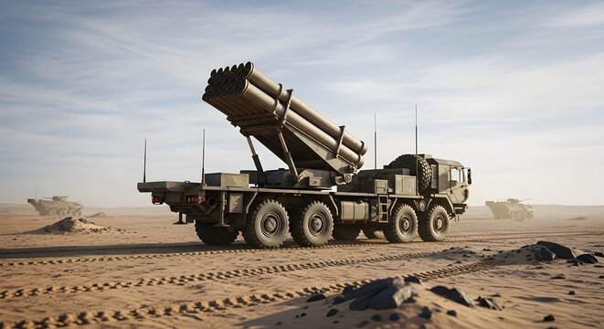 Mobile Multiple Rocket Launcher System in Desert Battlefield, Military Artillery Vehicle, Long Range Missile Strike Platform, Army Defense Technology, Tactical Warfare, Modern Combat and Strategic
