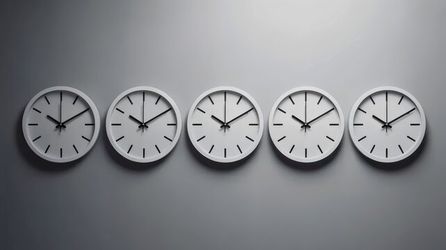 Minimalist white clocks on gray background &ndash; Suitable for modern interior design, corporate efficiency, or abstract time concepts.