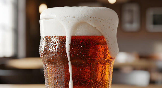 Close-up of a refreshing pint of beer with a thick foamy head overflowing the glass.