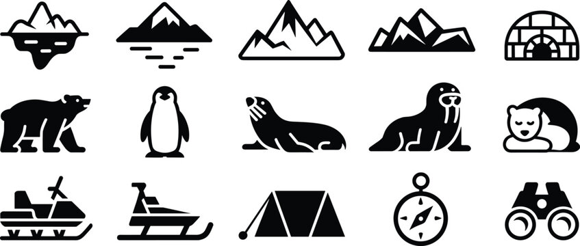 Arctic winter exploration vector icon set featuring polar animals, ice mountains, snowmobile, igloo, tent, and navigation tools on white background.