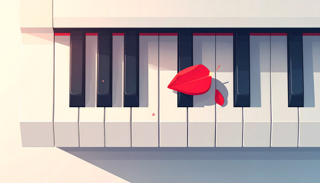 Piano key with a single red rose petal on a white surface representing the soulful craft of piano led ballads generative AI
