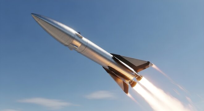 Hypersonic Missile Flying at High Speed with Powerful Engine Flame in Clear Sky, Advanced Military and Aerospace Technology Concept for Strategic Defense, Modern Warfare Innovation and Security