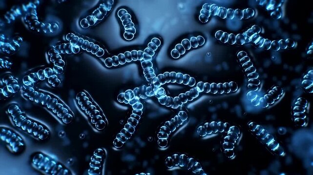 Abstract microscopic view of glowing blue bacteria in a dark environment. Represents the complexity of microbial life and its significance in science and health