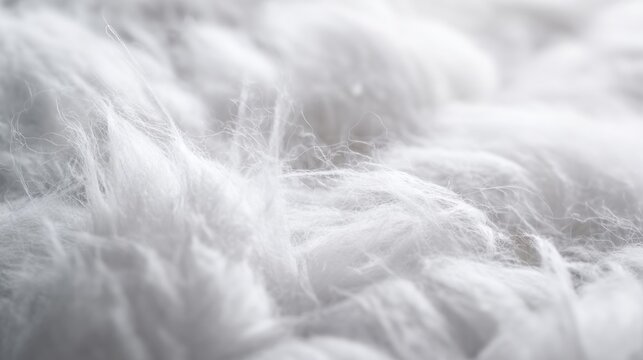 Extreme close up of synthetic padding texture with soft fluffy fibers, white airy structure, light and shadow depth, minimal abstract composition