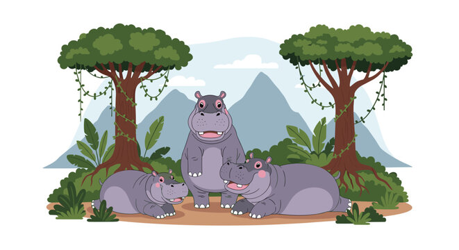 Family of three hippos standing and resting together in a lush tropical landscape with trees and mountains in the background.