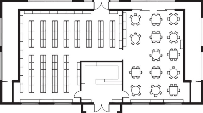 A detailed architectural floor plan of a modern library, showcasing the layout of shelves, tables, and organizational structures.
