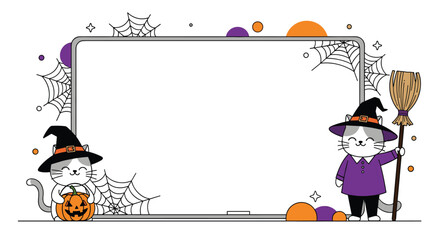 Fototapeta premium Whiteboard frame decorated with spider webs and two cute cats wearing purple witch costumes for a fun Halloween message.