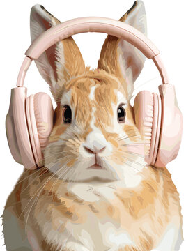 Cute rabbit wearing pink headphones vector illustration, funny bunny listening to music, pet animal portrait isolated on white background, design.

Keywords: