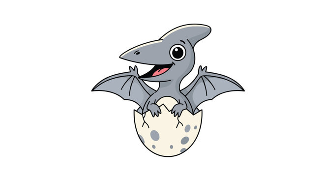Happy baby pterodactyl with grey wings and a long beak hatching from its spotted eggshell on a white background.