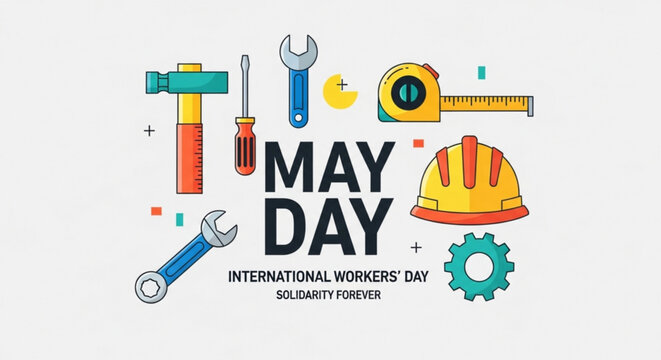May day international workers' day solidarity forever labor rights illustration with tools and hard hat