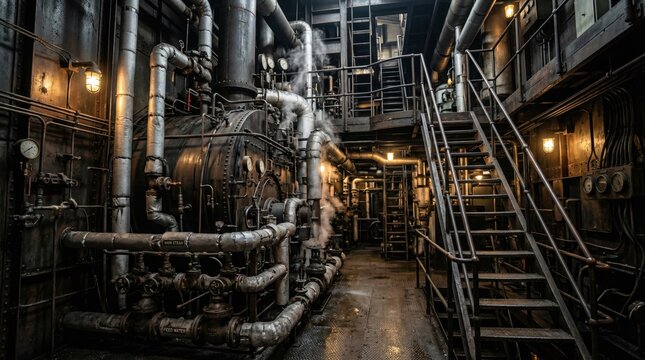 Industrial interior with pipes stairs and equipment displayed under dim lighting