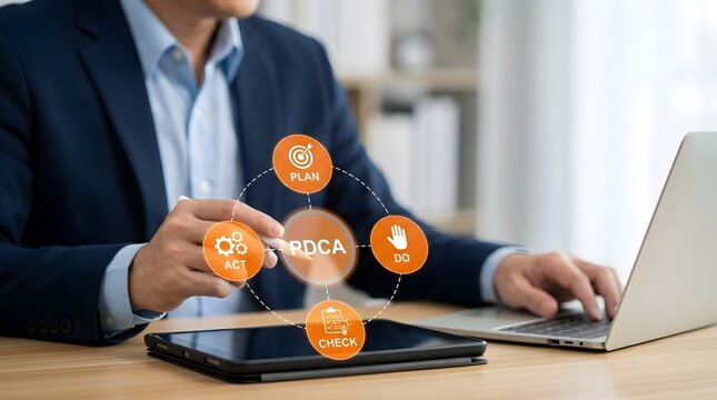Businessman using tablet and laptop with psd2 and sca authentication icons displayed graphically