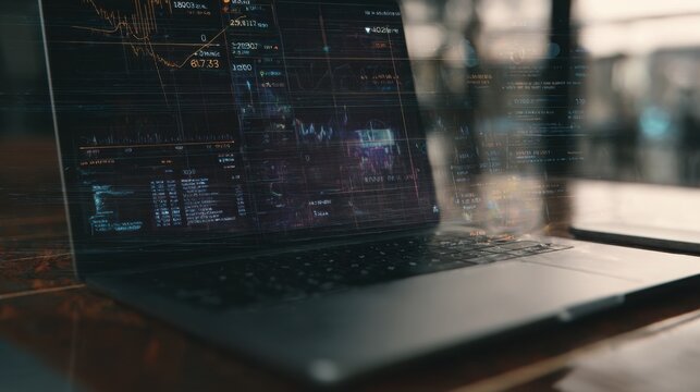 laptop with complex interface overlays graphs and timestamps blended with real workspace subtle tech visualization