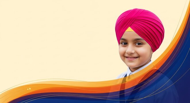Smiling Sikh boy with pink turban on light background