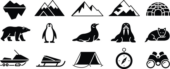 Vector silhouette icon set of arctic winter wild animals, snow mountains, igloo, tent, snowmobile, and navigation tools on white background. © Designer Arif