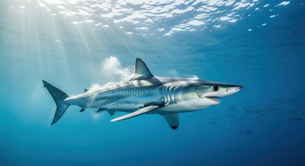 Fototapeta premium A powerful mako shark swims swiftly through sunlit ocean waters, showcasing its streamlined physique.