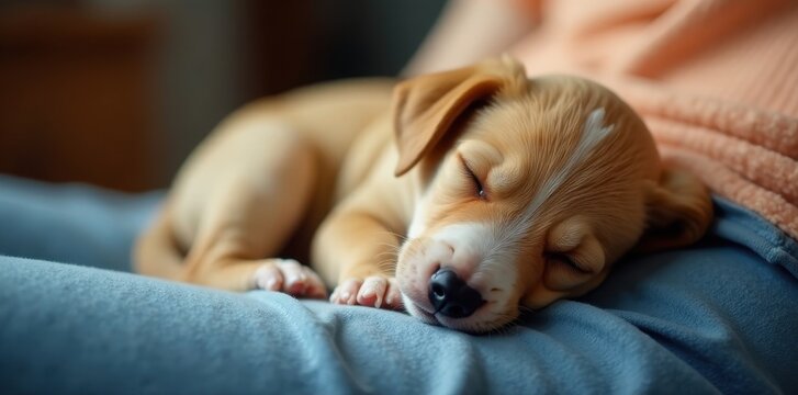 Tiny puppy sleeps soundly curled on a lap, peaceful slumber , comfort, blanket