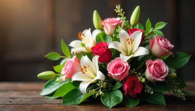 A beautiful arrangement of funeral flowers with roses, lilies, and greenery , arrangement, sadness