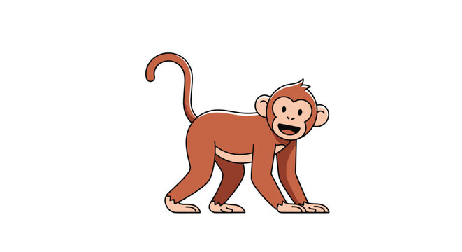 Playful brown monkey walks forward with a happy expression and a long curled tail on a clean white background.