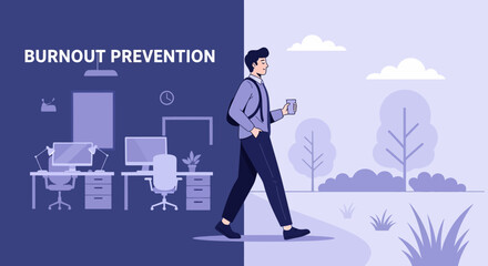 Fototapeta premium This conceptual illustration effectively visualizes burnout prevention, contrasting a demanding office workspace with the peaceful, rejuvenating experience of walking outdoors.