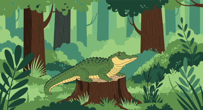 Green crocodile sitting on a wooden tree stump in a dense green forest with many trees and bushes in the background.