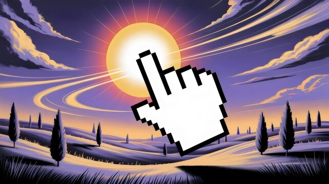Pixelated hand icon pulling sun over hills &ndash; Perfect for internet culture themes, creative direction, or surreal landscapes.