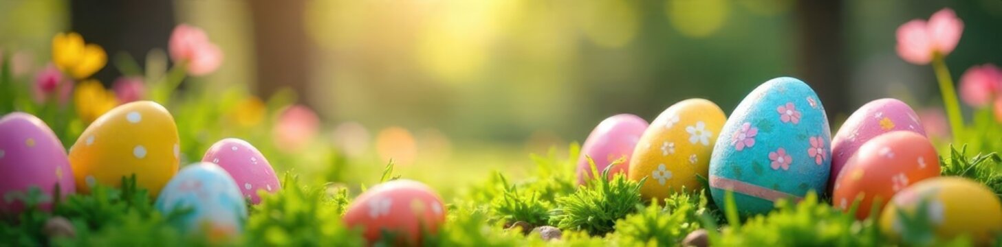 A colorful Easter egg hunt in a blooming garden filled with hidden treats for joyful celebrations, floral, garden