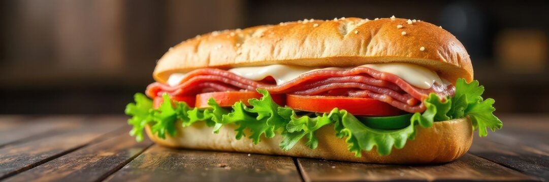 A mouth-watering submarine sandwich with layers of deli meats, fresh vegetables, and melted cheese on a soft baguette, delicious, lunch