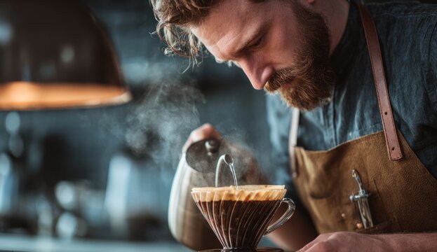 Barista in apron preparing coffee using v60 pour-over filter with focused concentration in a modern coffee shop