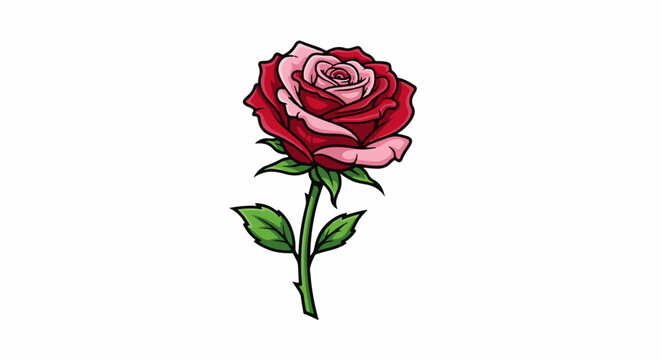 Vibrant red and pink rose with green stem and leaves on white background