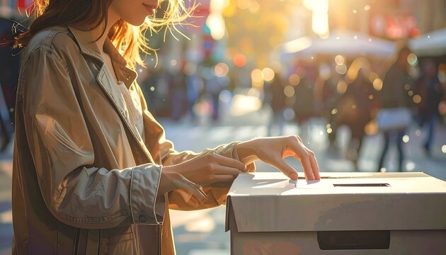 Woman Casting Vote in Ballot Box During Election Day.