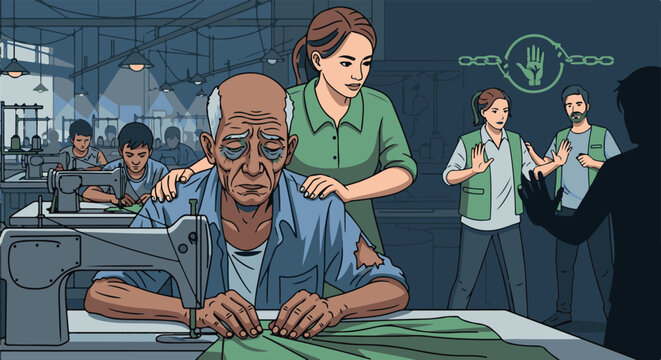 Weary elder sewing, aided by woman, confronting oppression in a factory