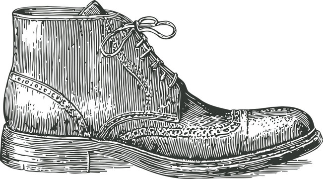 Detailed vintage men's leather brogue boot illustration with laces and stitching design