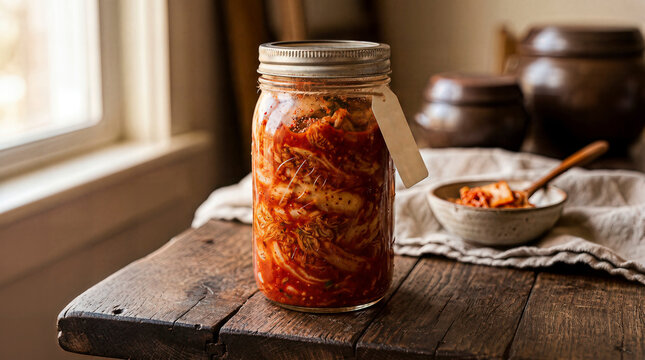 Homemade Korean Kimchi in a Glass Mason Jar on Rustic Wooden Table
