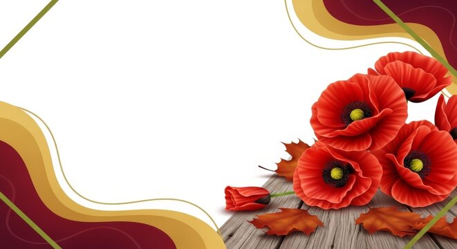 Red poppies and fall leaves on a wooden surface with decorative border
